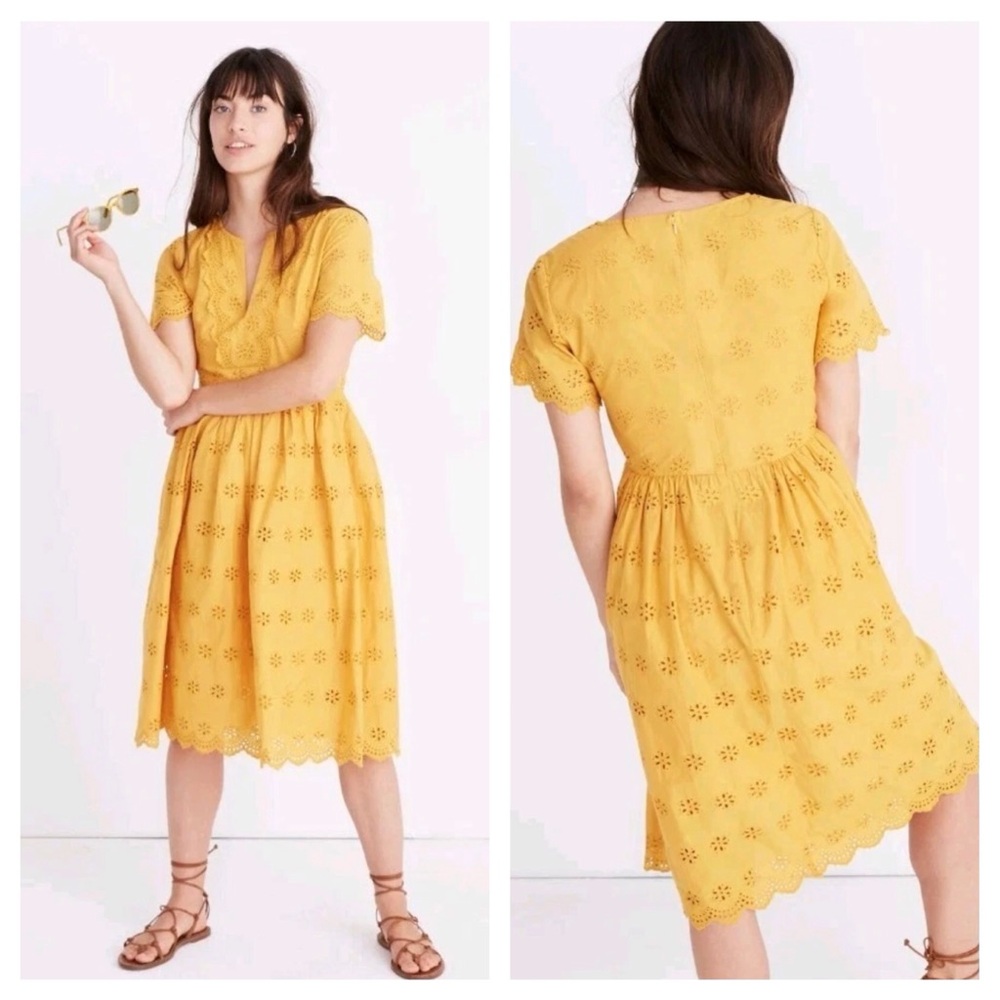 Madewell Yellow Eyelet Babydoll Midi Dress Womens Size 8 Preppy Cottage Peasant